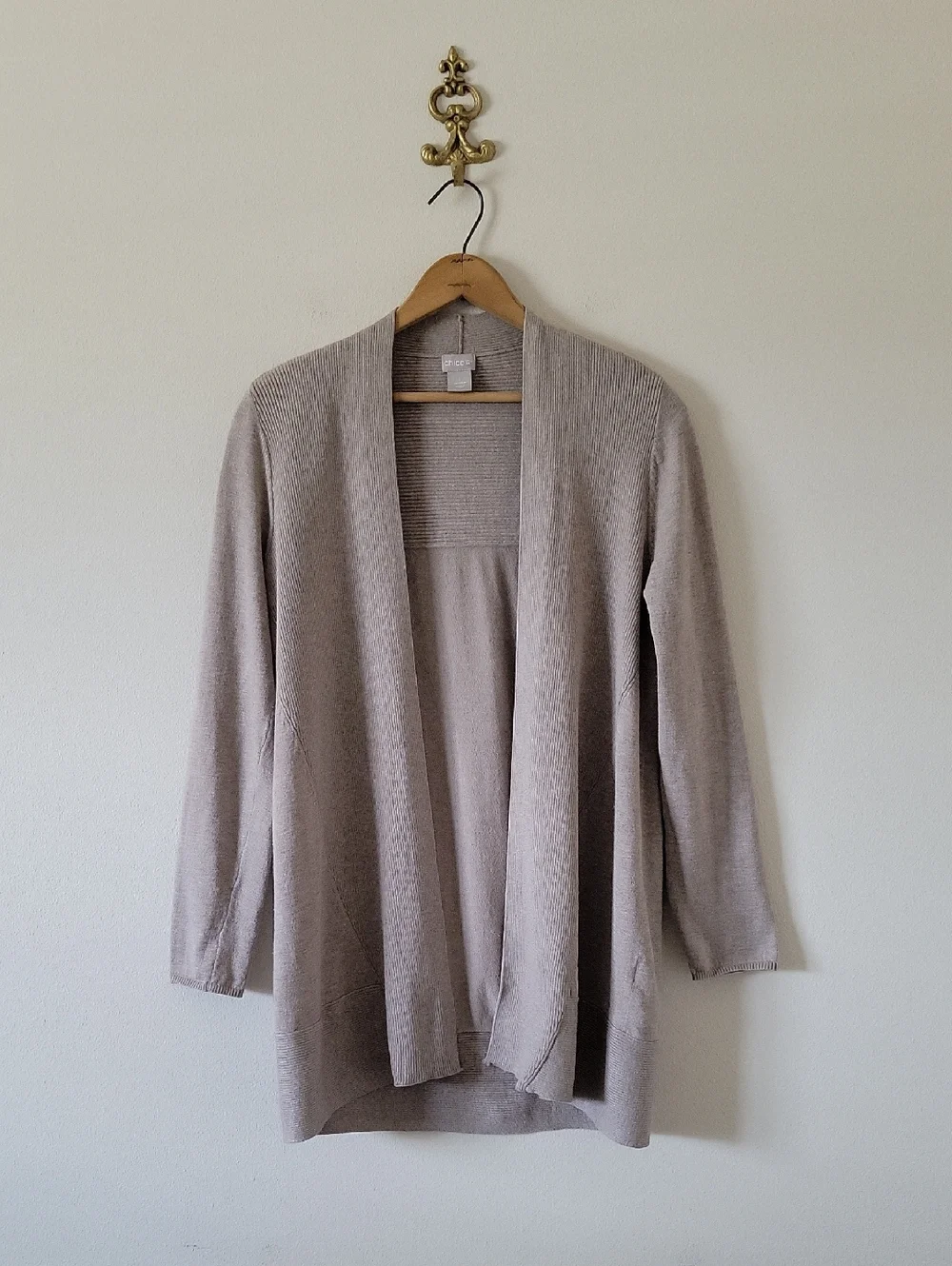 Chico's Taupe Lightweight Rib Mix Open Front Cardigan Size Medium